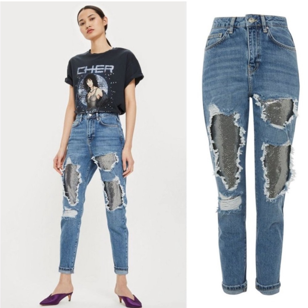 Topshop Sequin High-Waist Moto Mom Jeans